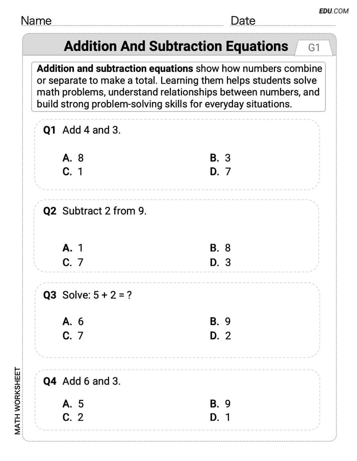 Printable Worksheet: Grade 1 - Single Choice on Addition and