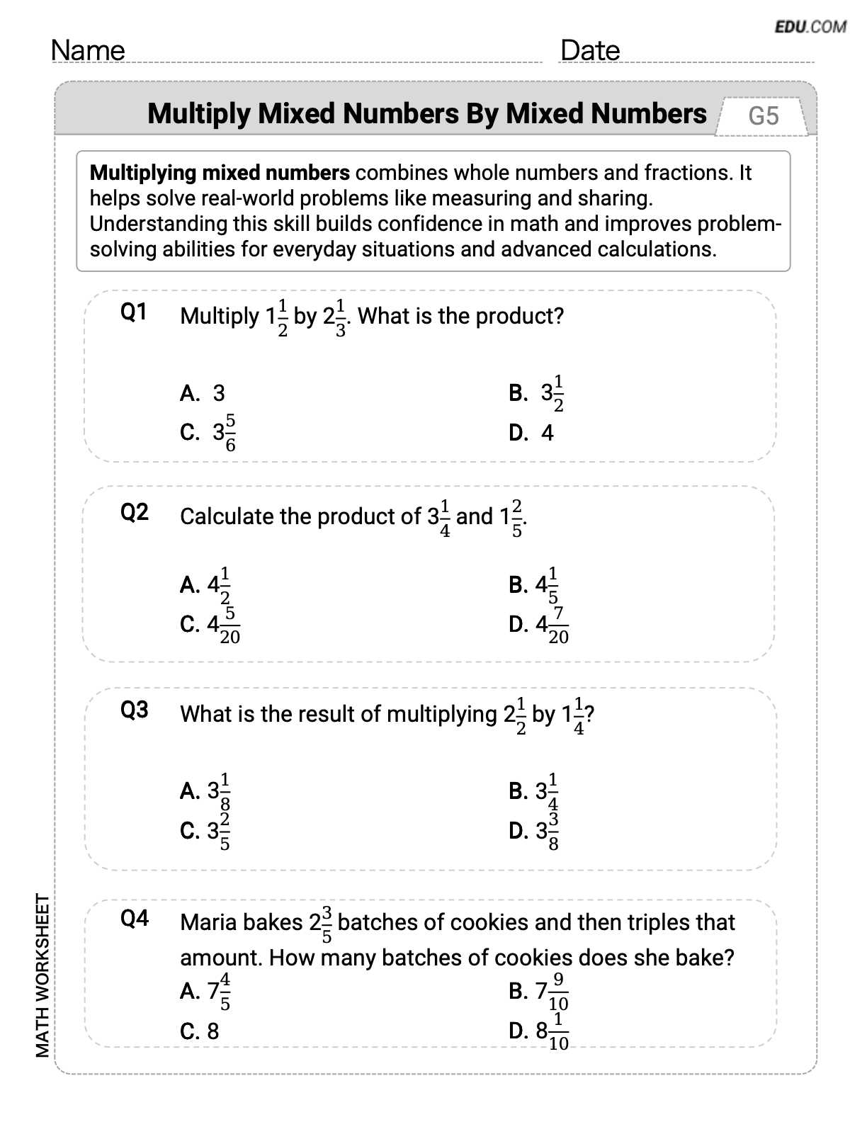 Multiplying Mixed Numbers Worksheet